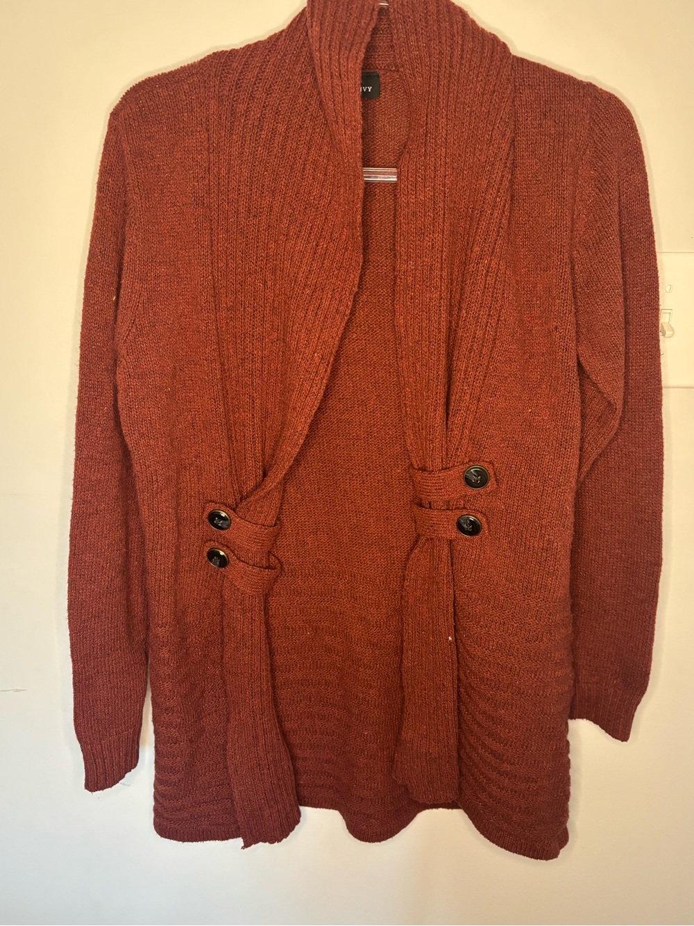 Open-Front Rust Knit Cardigan with Button Tab Detail